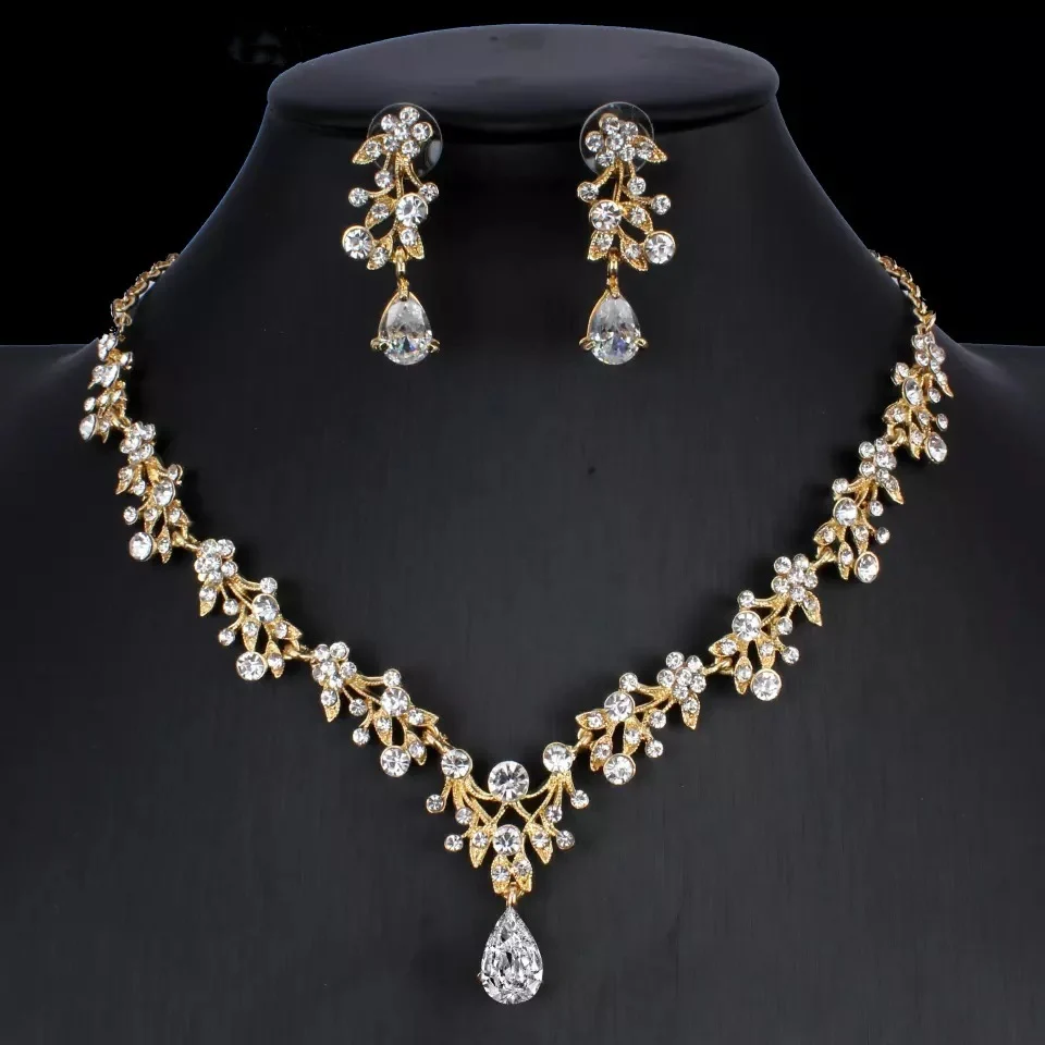 Golden Zircon Jewelry Set Bridal Necklace Earrings - Image 2