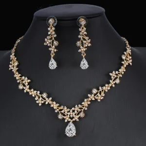 Golden Zircon Jewelry Set Bridal Necklace Earrings