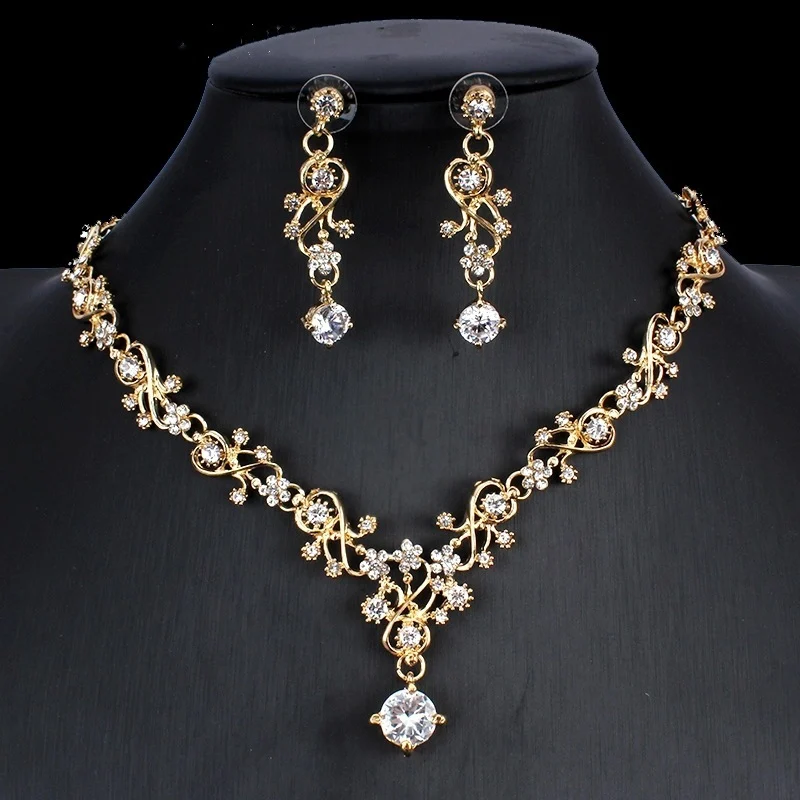 Golden Zircon Jewelry Set Bridal Necklace Earrings - Image 5