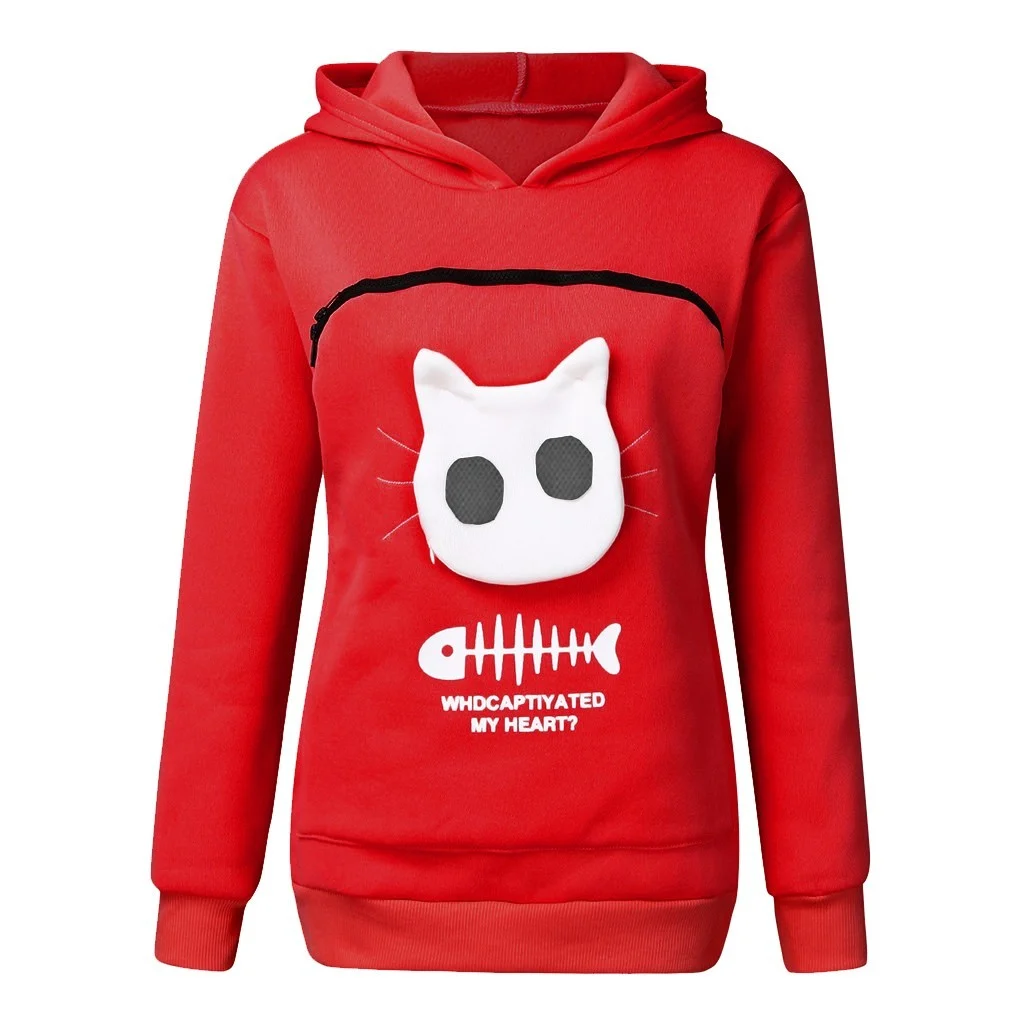 Women Hoodie Sweatshirt with Cat Pet Pocket Design Long - Image 4