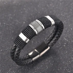 Fashion Black Braid Woven Leather Bracelet Titanium