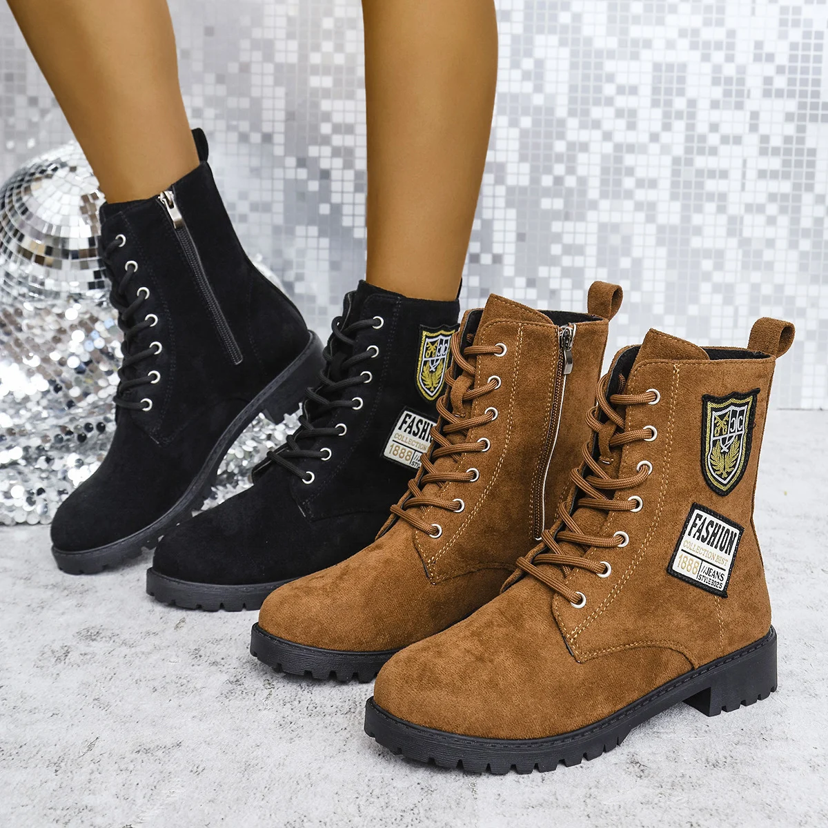 Fashion Lace-up Chunky Heels Boots Winter Round Toe - Image 2