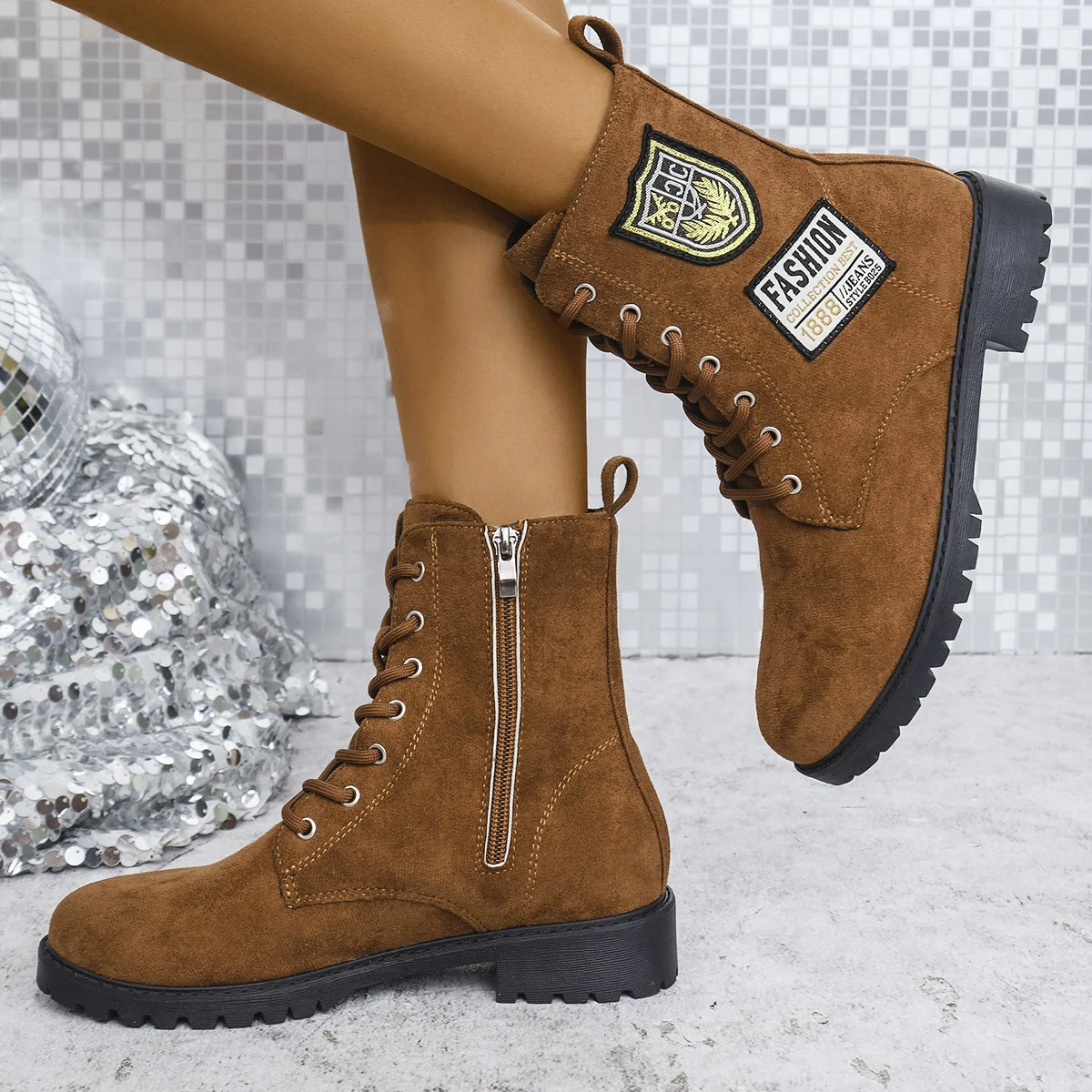 Fashion Lace-up Chunky Heels Boots Winter Round Toe - Image 5