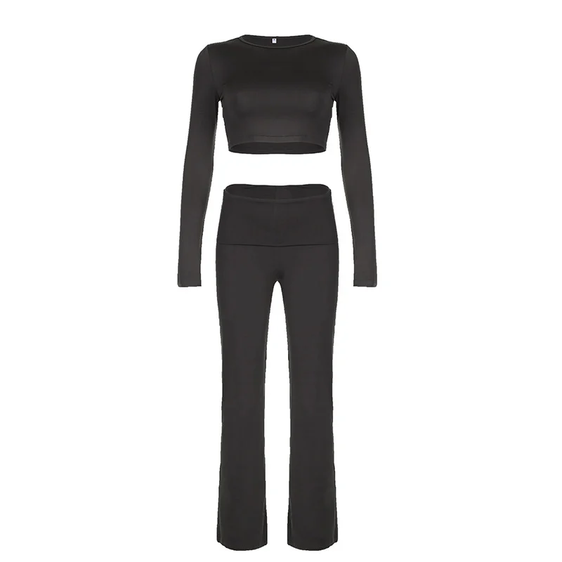 Sports Solid Color Round Neck Short Top Bootcut Trousers Fitness Yoga Two-piece Set For Women - Image 7