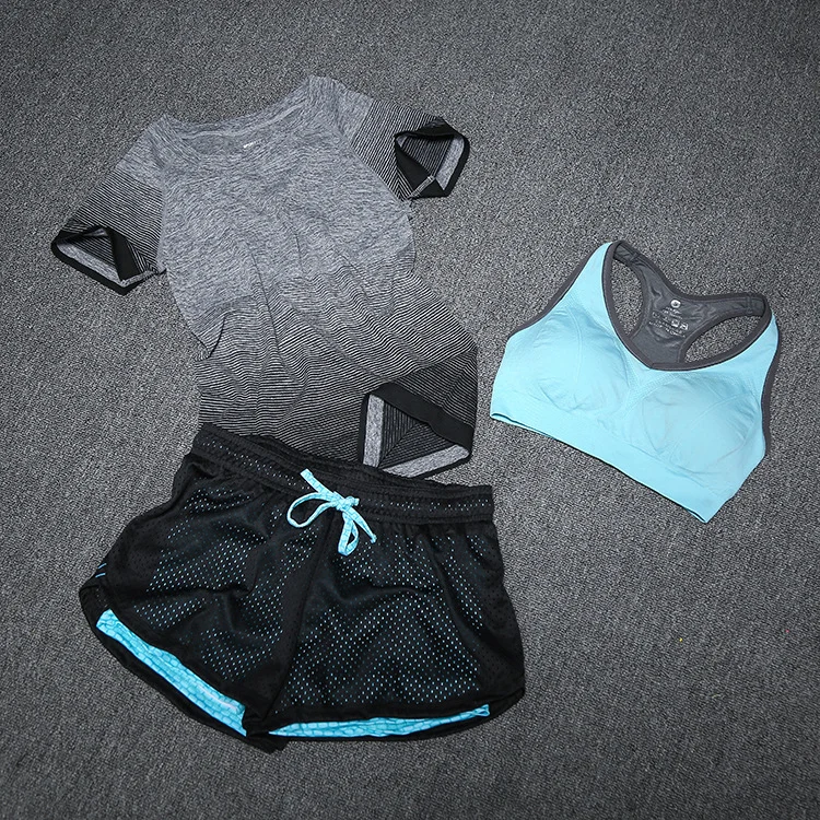 New Women Yoga Sport Suit Bra Set 3 Piece Female Short-sleeved Summer Sportswear Running Fitness Training Clothing - Image 3