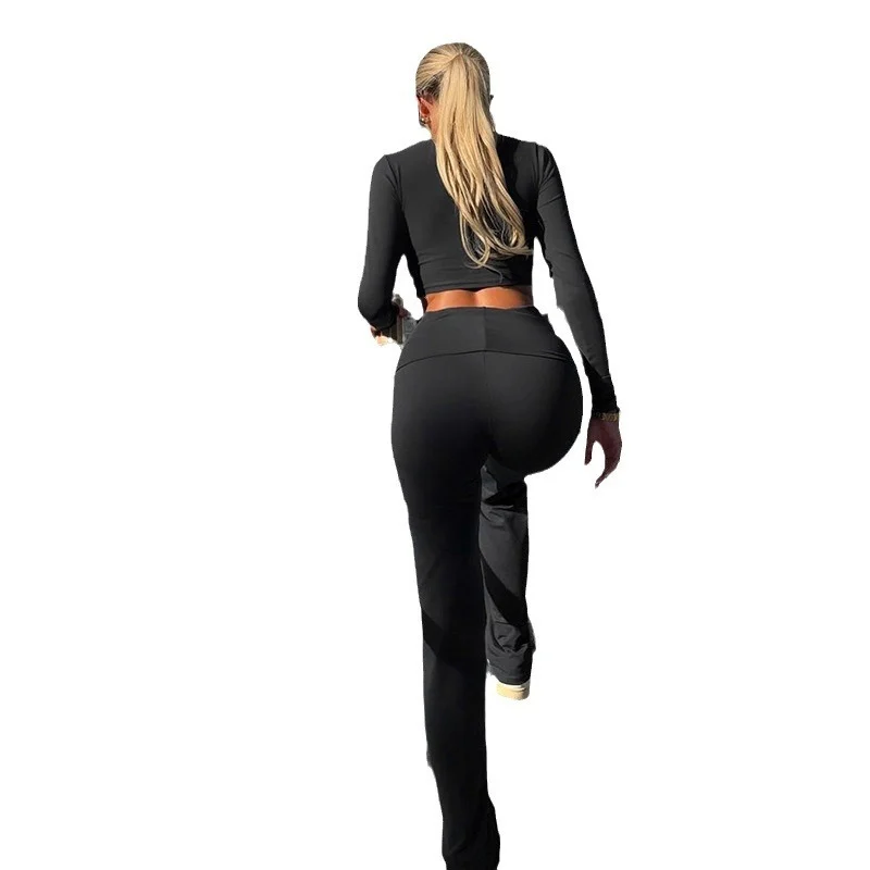 Sports Solid Color Round Neck Short Top Bootcut Trousers Fitness Yoga Two-piece Set For Women - Image 6