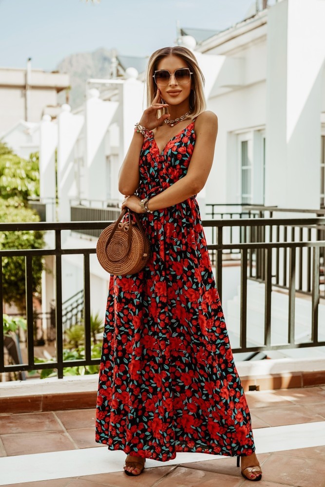 V-neck Sleeveless Suspender Print Boho Maxi Dress - Image 4