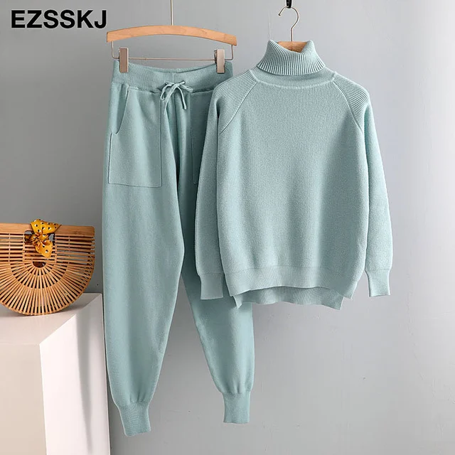 Pieces Set Women Knitted Tracksuit Turtleneck - Image 4