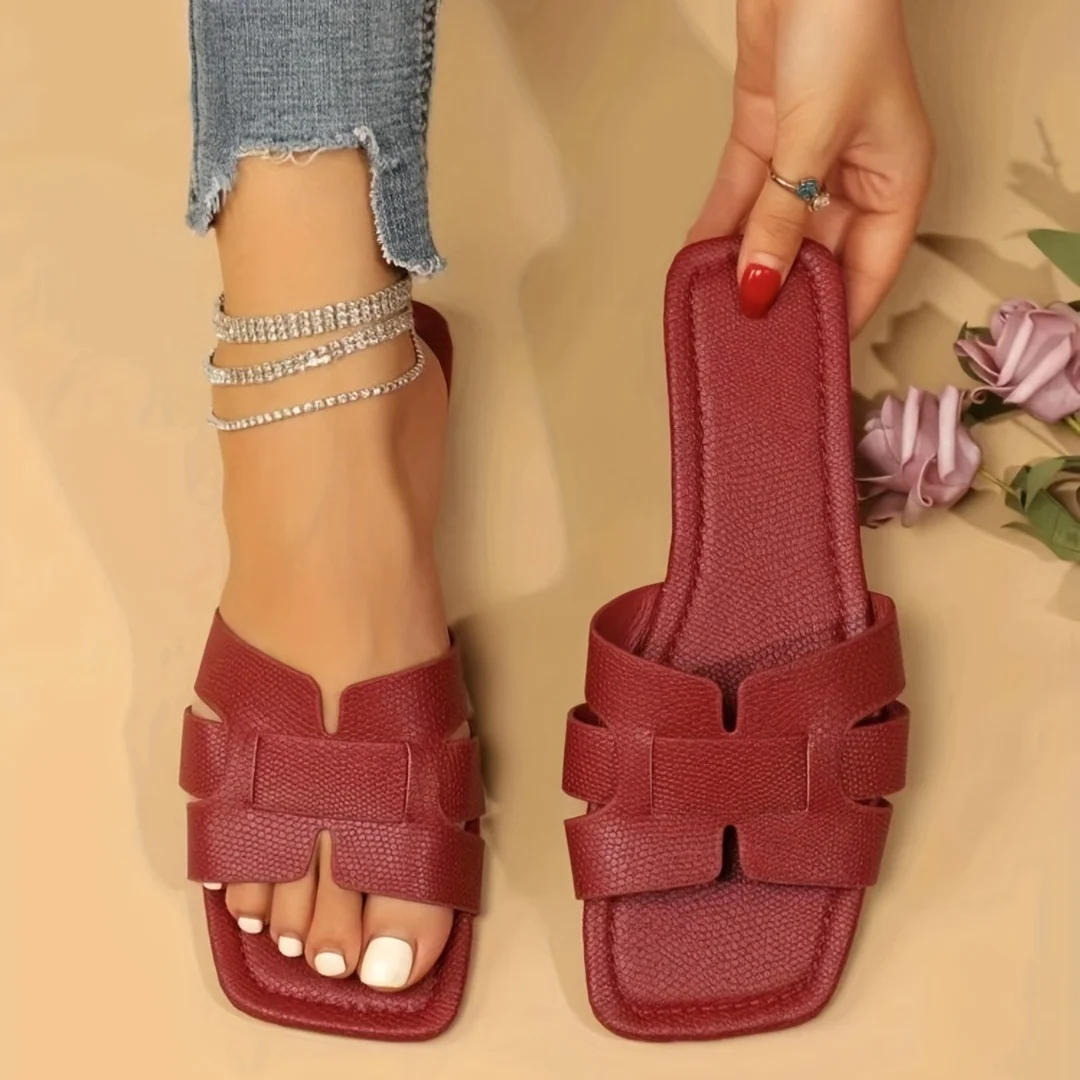 Square Toe Flat Sandals Summer Hollow Out Slides - Image 2