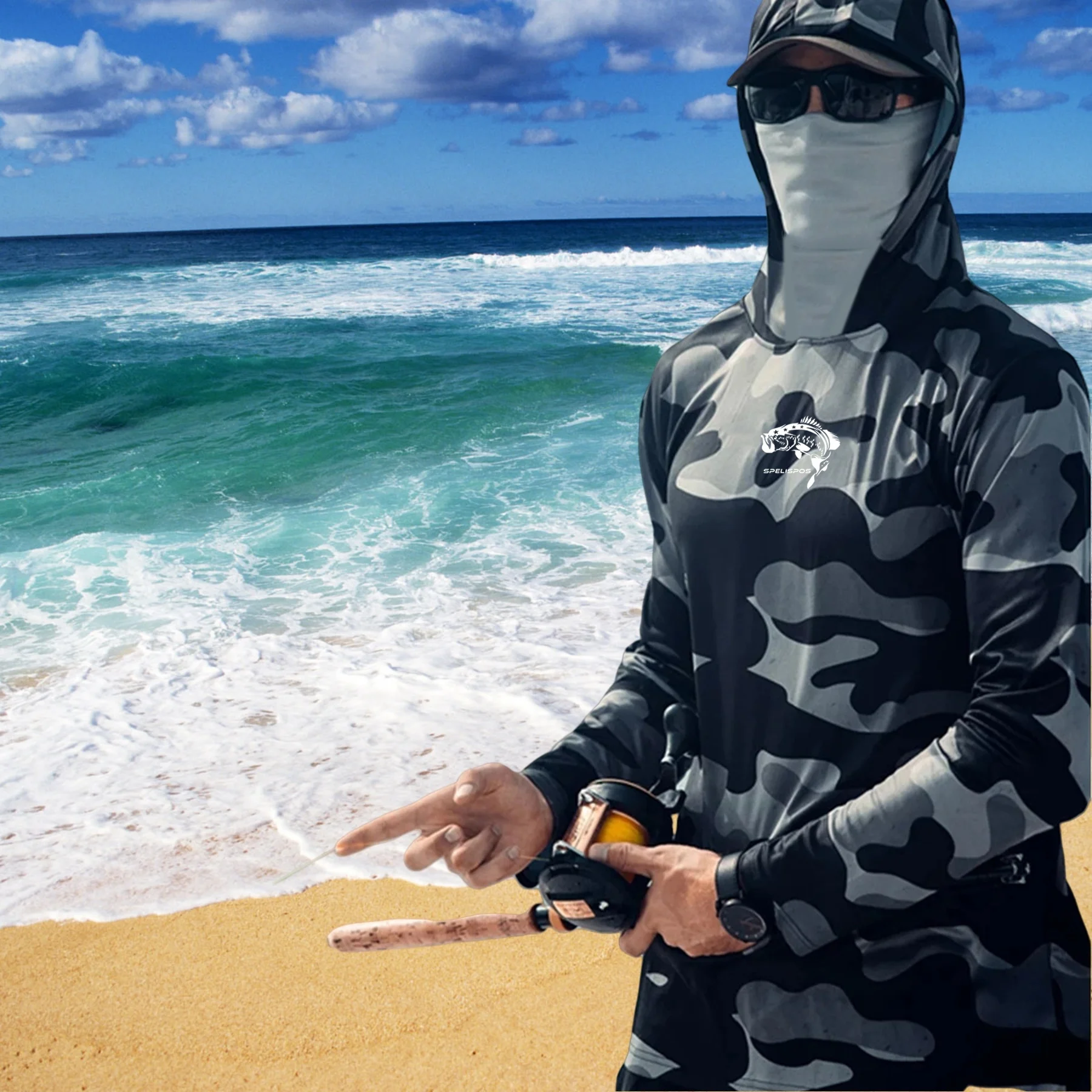 Fishing Hoodie Face Mask Neck Cover Sailing Shirt Summer Men Long Sleeve Sun Protection Hunting Jersey Camisa De Pesca Performance Fish Gear Beach Tops Wear Climbing Uniform - Image 3