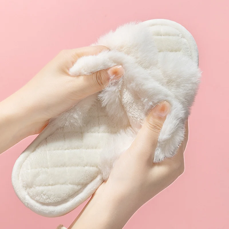 Cross-strap Furry Slippers Warm House Shoes for Women - Image 4