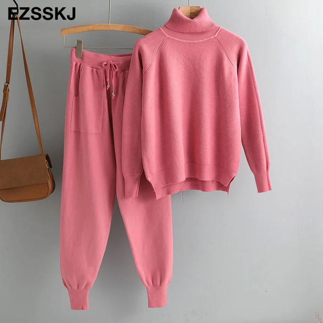 Pieces Set Women Knitted Tracksuit Turtleneck - Image 6