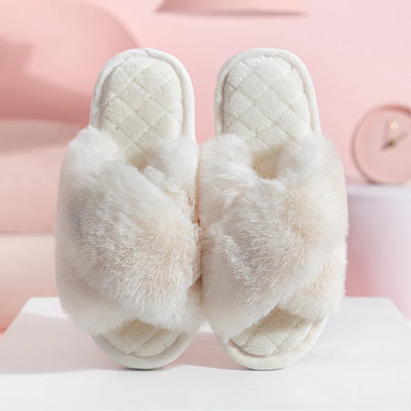 Cross-strap Furry Slippers Warm House Shoes for Women - Image 8