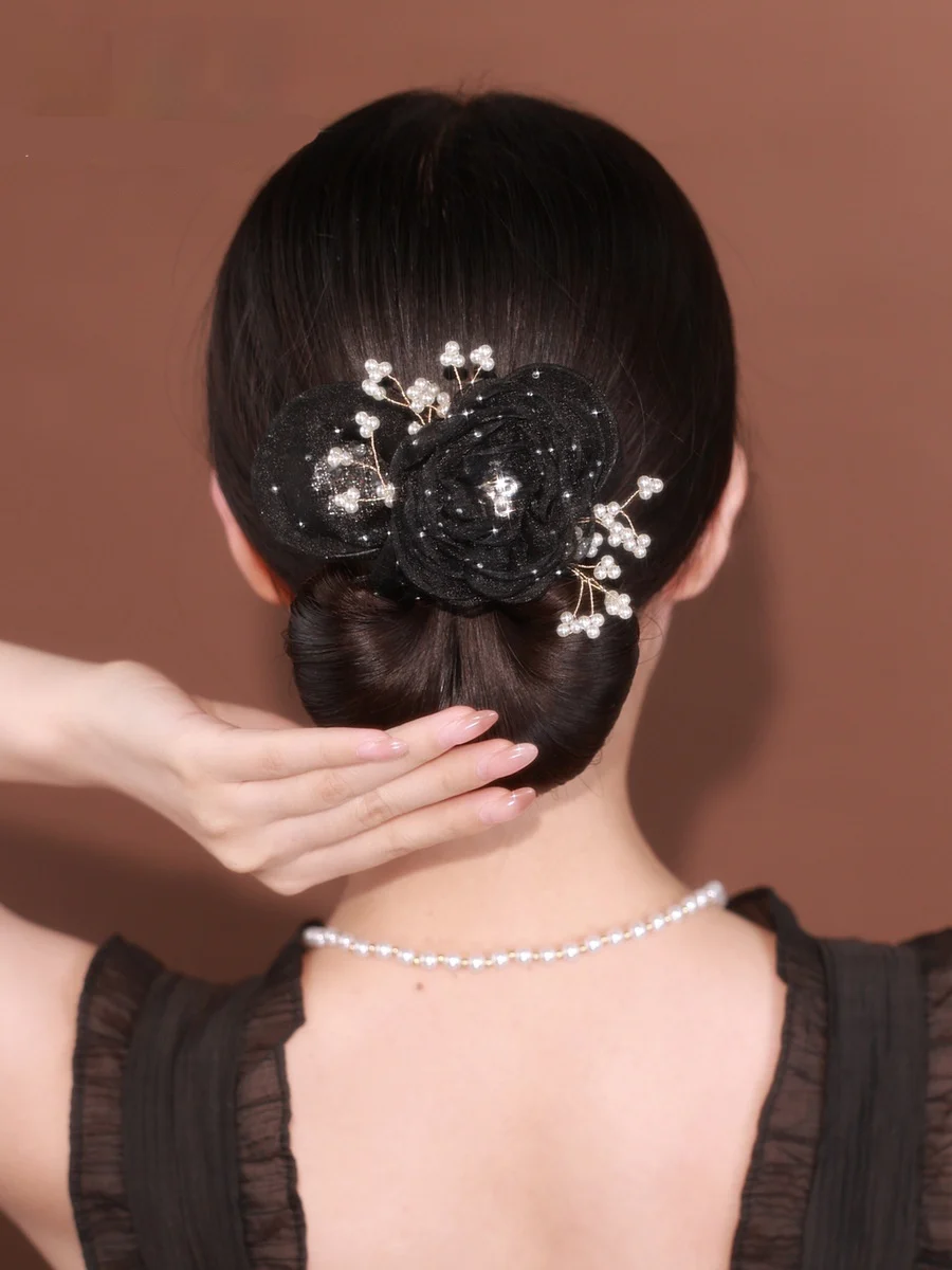Starry Sky Flower Style Updo Topknot Hair Clip Black - Image 3