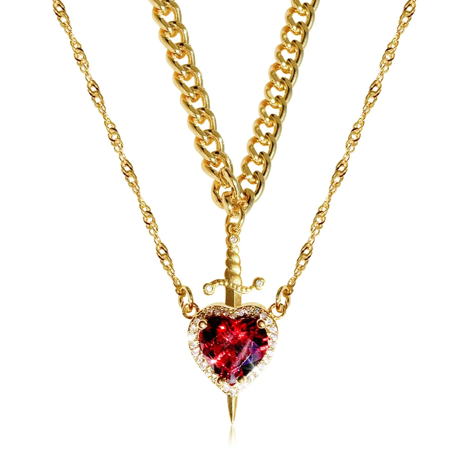 Heart and Sword Necklace Set Gold Color Stainless Steel - Image 4