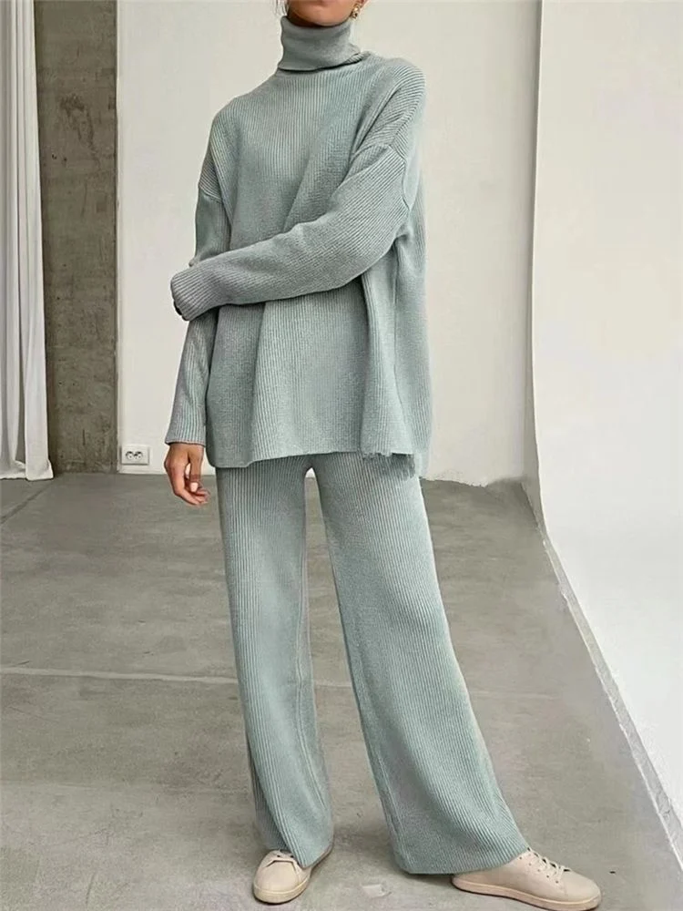 2 Pieces Women Sets Knitted Tracksuit Turtleneck Sweater - Image 5