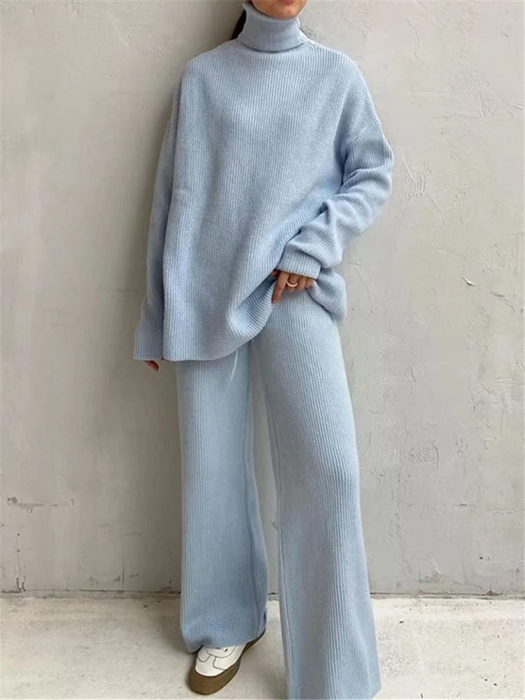 2 Pieces Women Sets Knitted Tracksuit Turtleneck Sweater - Image 2