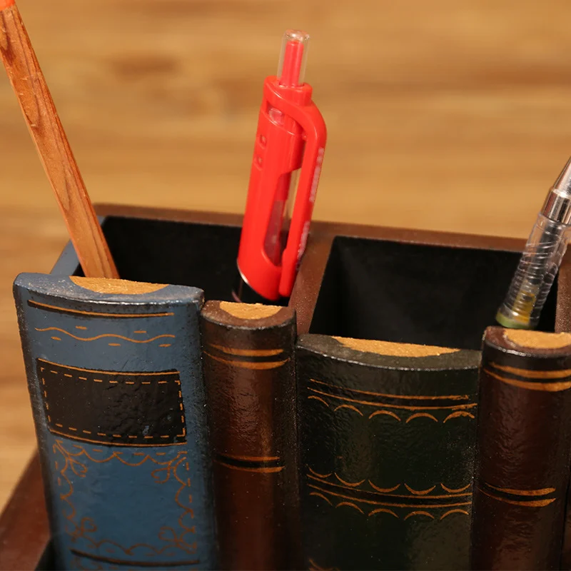 Retro Wood Pen Holder Book Shape Desk Organizer - Image 3