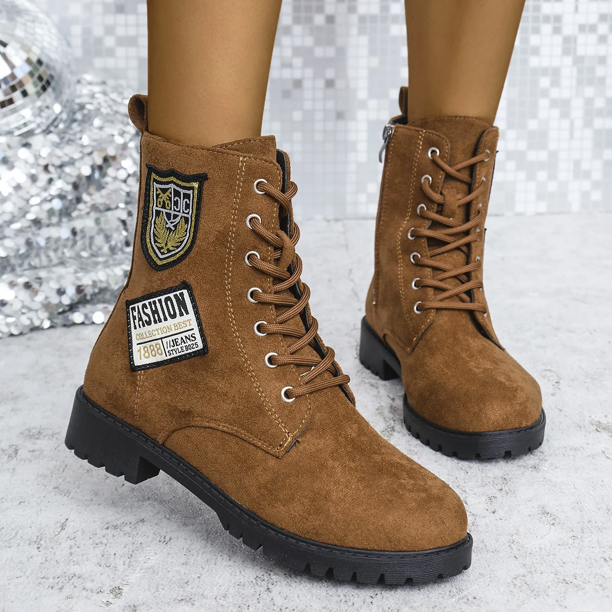 Fashion Lace-up Chunky Heels Boots Winter Round Toe - Image 3