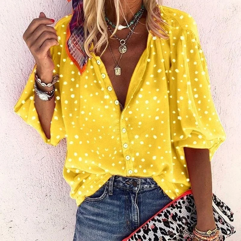 Printed Long Sleeve V-neck Button Ladies Blouse Women - Image 9