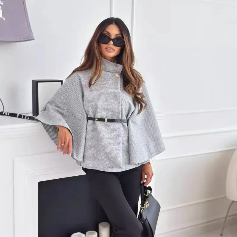 Stand Collar Batwing Sleeves Cloak Top with Belt - Image 7