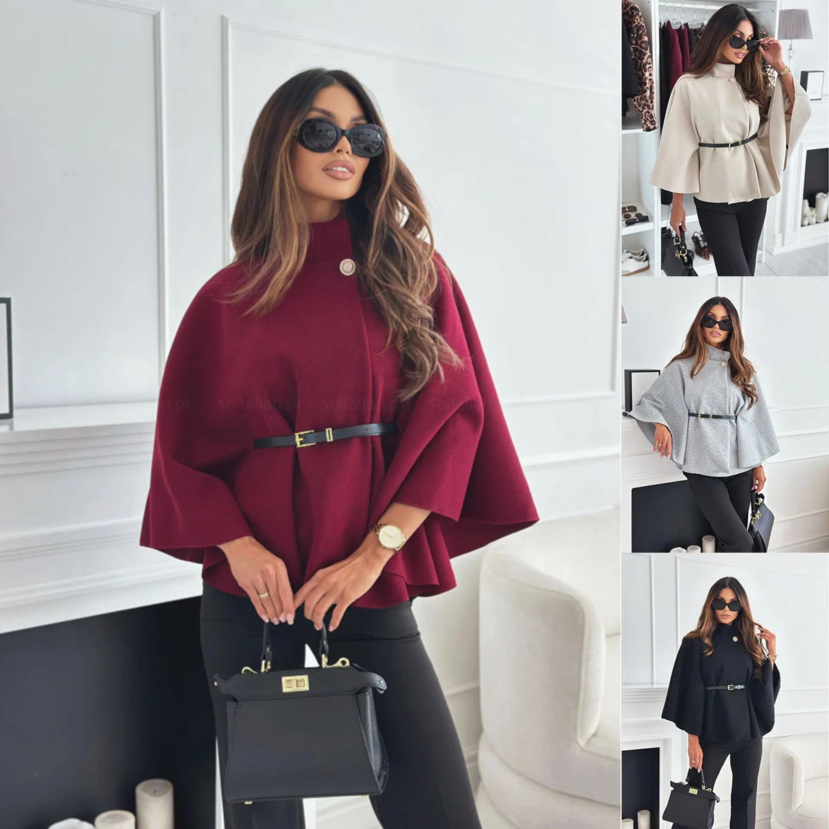 Stand Collar Batwing Sleeves Cloak Top with Belt