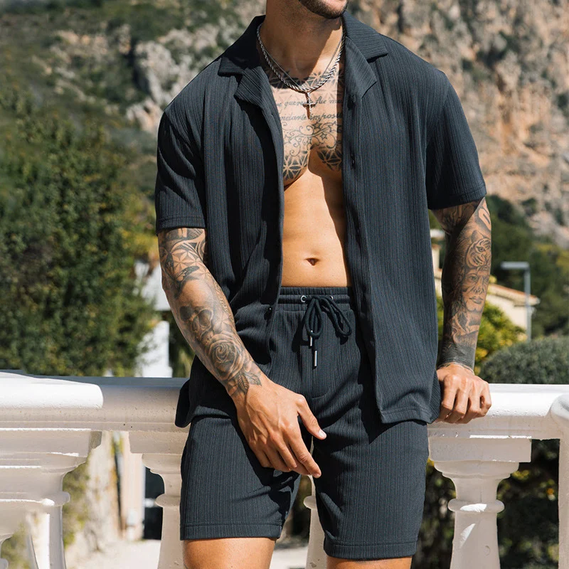 Men's Two Piece Set Short Sleeve Lapel Button Shirts - Image 2