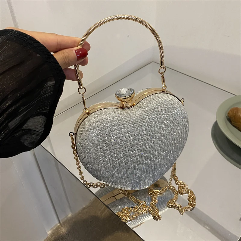 Evening Clutch Bag Women Bag Shiny Handbag Heart Shape - Image 4