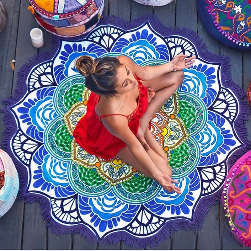 Polygon Printing Tassel Round Bath Towel Yoga Mat - Image 2