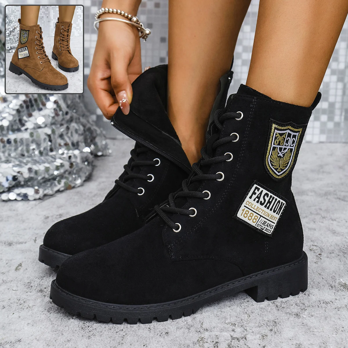 Fashion Lace-up Chunky Heels Boots Winter Round Toe