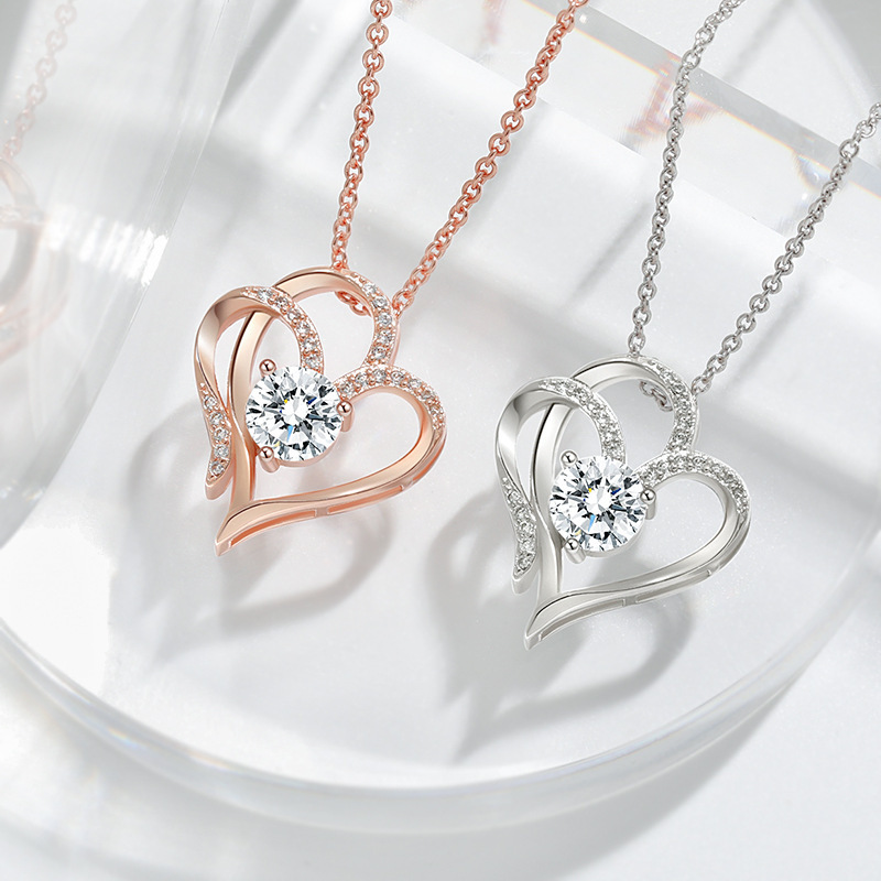 Zircon Double Love Necklace with Rhinestones Ins