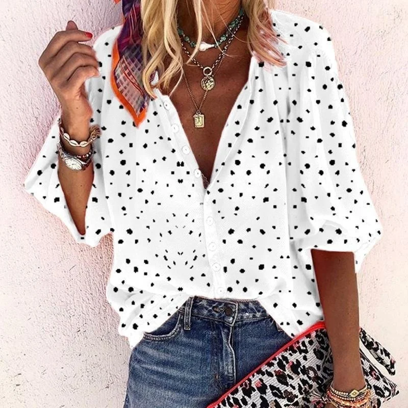 Printed Long Sleeve V-neck Button Ladies Blouse Women - Image 8