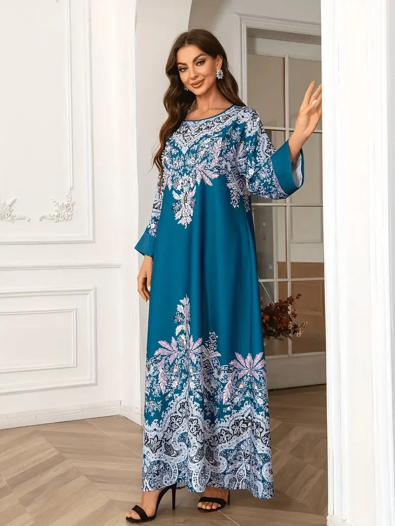 Printed Long Kaftan Dress - Long Sleeved, Round Neck With Bead Embellishment - Image 2