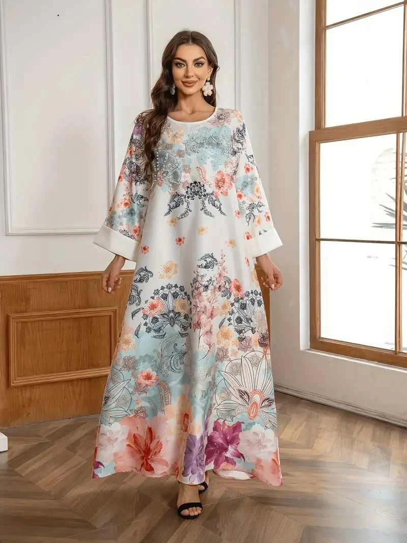 Elegant Floral Print Long Kaftan Dress - Image 7