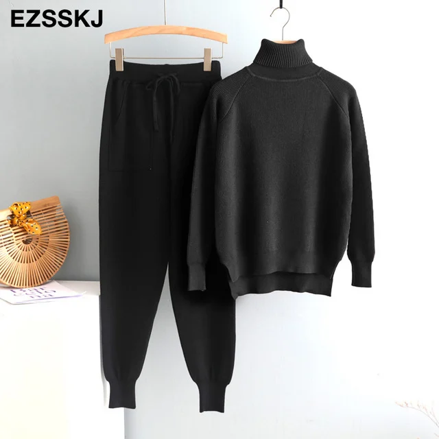 Pieces Set Women Knitted Tracksuit Turtleneck - Image 3