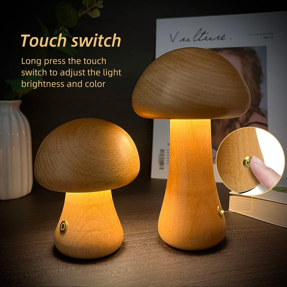 INS Wooden Cute Mushroom LED Night Light with Touch - Image 2