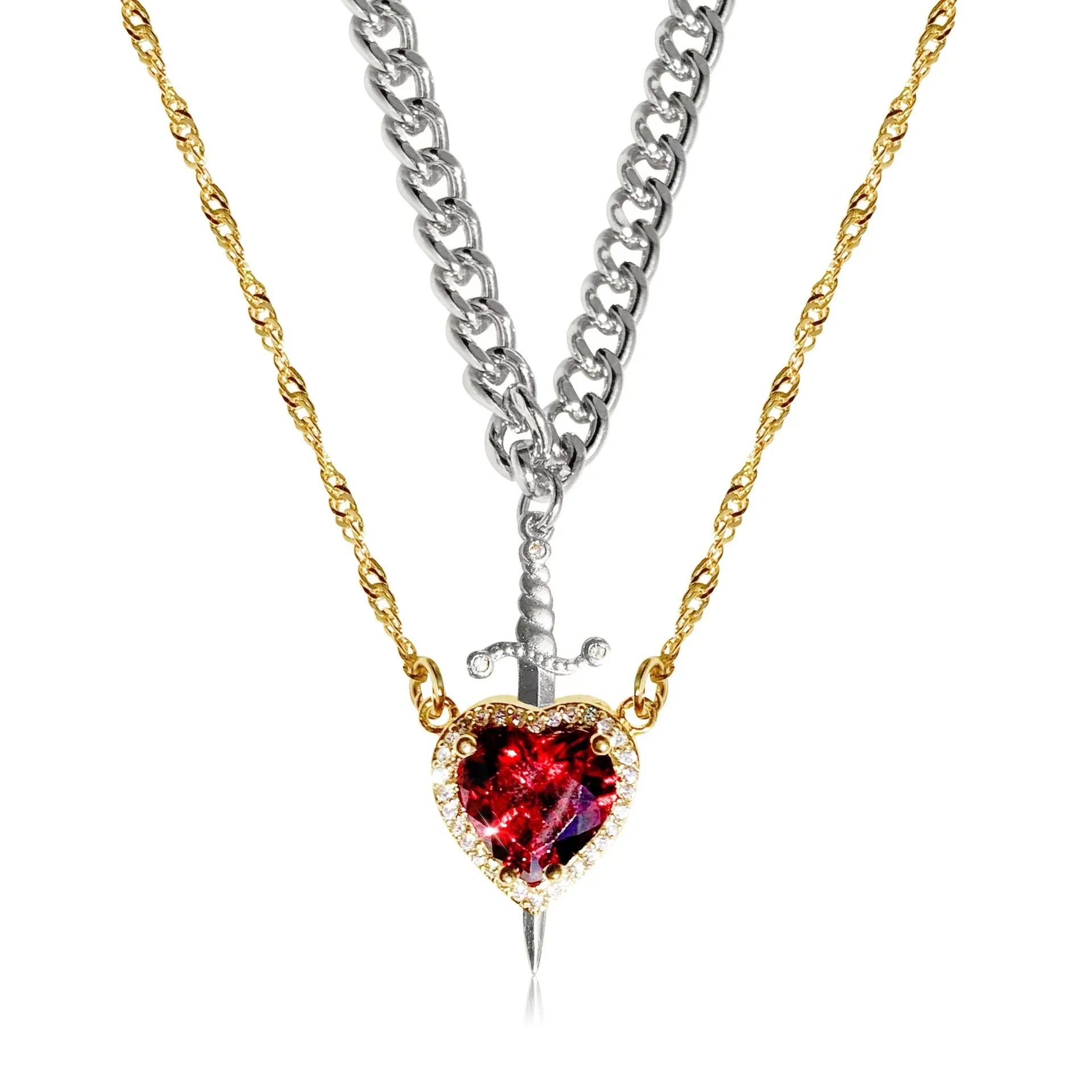 Heart and Sword Necklace Set Gold Color Stainless Steel - Image 9