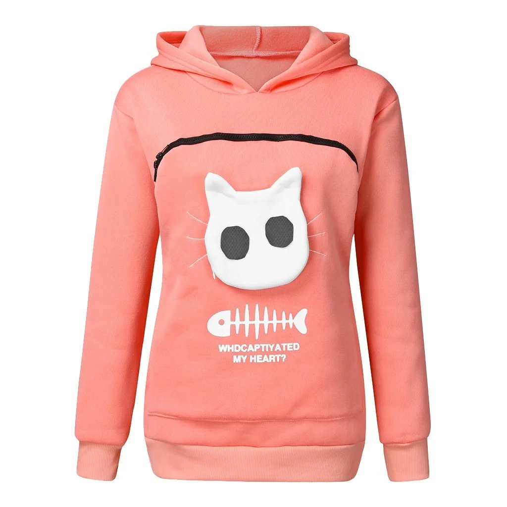 Women Hoodie Sweatshirt with Cat Pet Pocket Design Long - Image 9