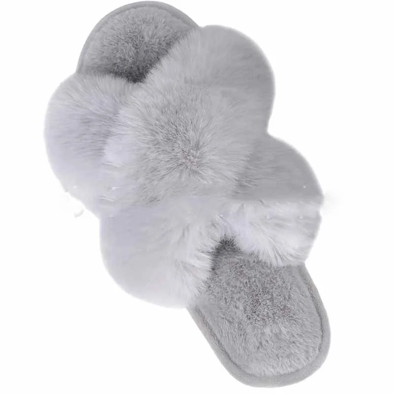 Women Fashion Warm Fluffy Slippers Cozy Faux Fur Cross - Image 2