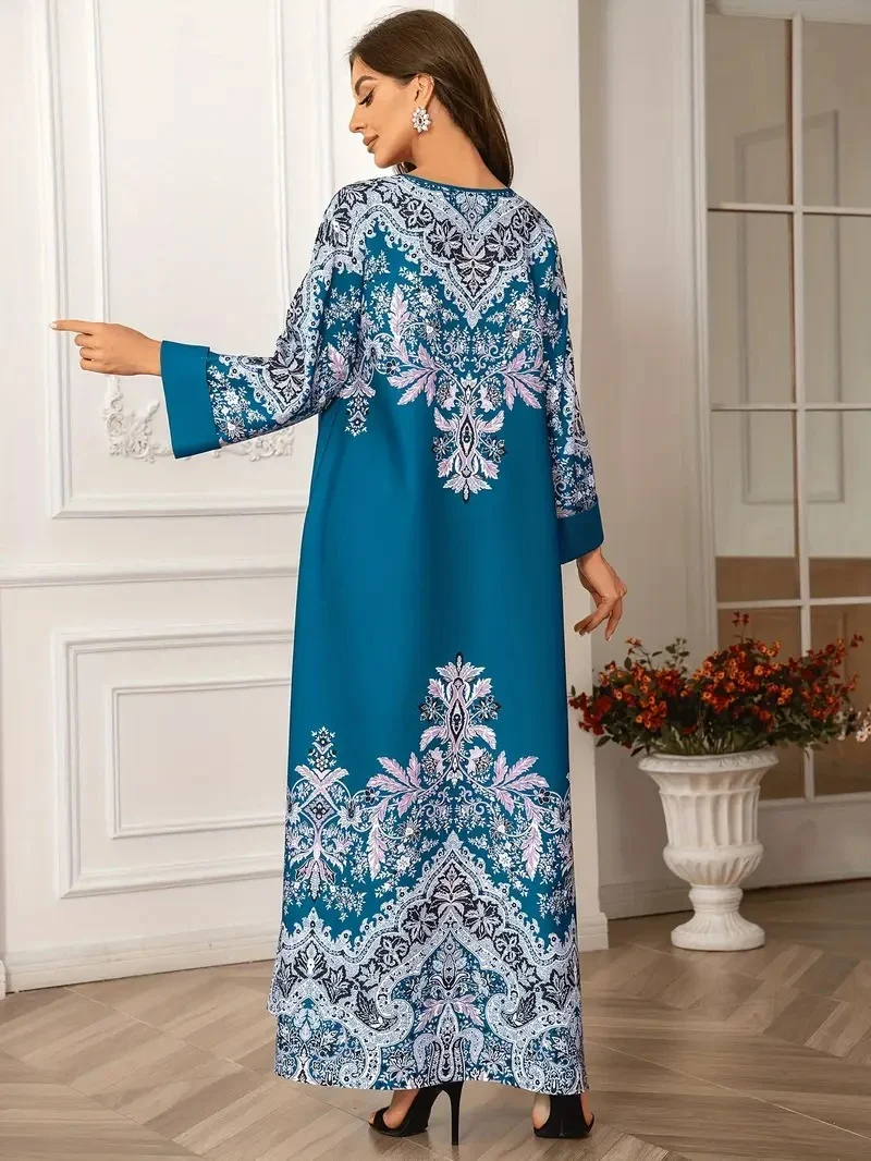 Printed Long Kaftan Dress - Long Sleeved, Round Neck With Bead Embellishment - Image 3