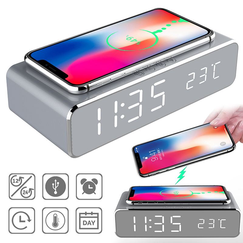LED Electric Alarm Clock with Wireless Charger Desktop