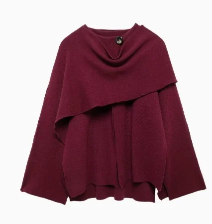 Solid Knitted Cardigan with Asymmetrical Scarf Design - Image 9