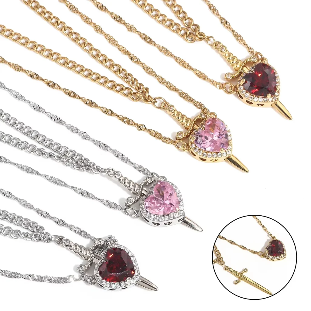 Heart and Sword Necklace Set Gold Color Stainless Steel