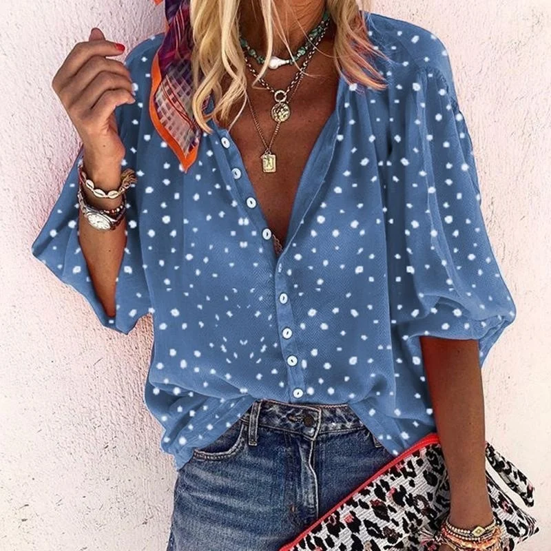 Printed Long Sleeve V-neck Button Ladies Blouse Women - Image 7