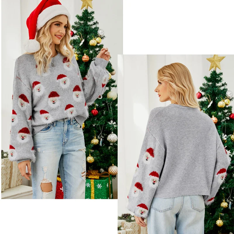 Christmas Sweater Women Cute Cartoon Santa Print Knit - Image 6