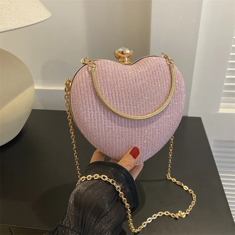 Evening Clutch Bag Women Bag Shiny Handbag Heart Shape - Image 3