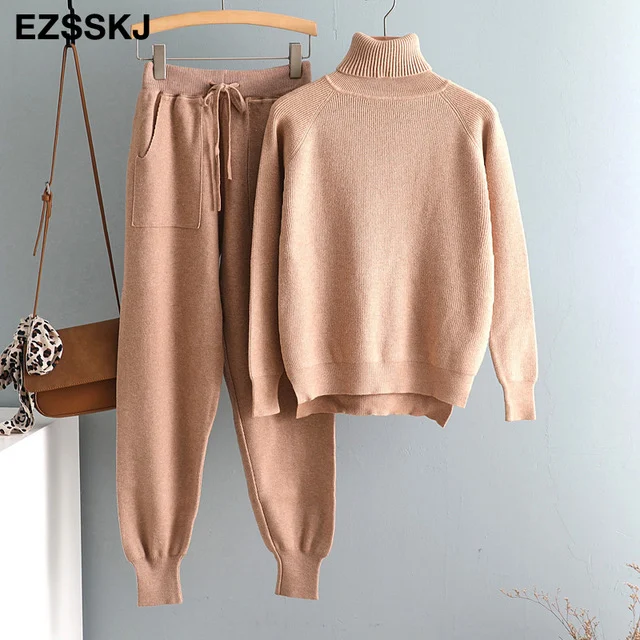 Pieces Set Women Knitted Tracksuit Turtleneck - Image 5