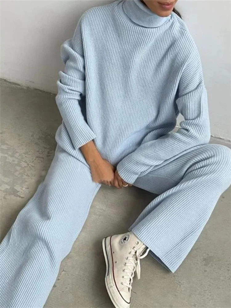 2 Pieces Women Sets Knitted Tracksuit Turtleneck Sweater - Image 3