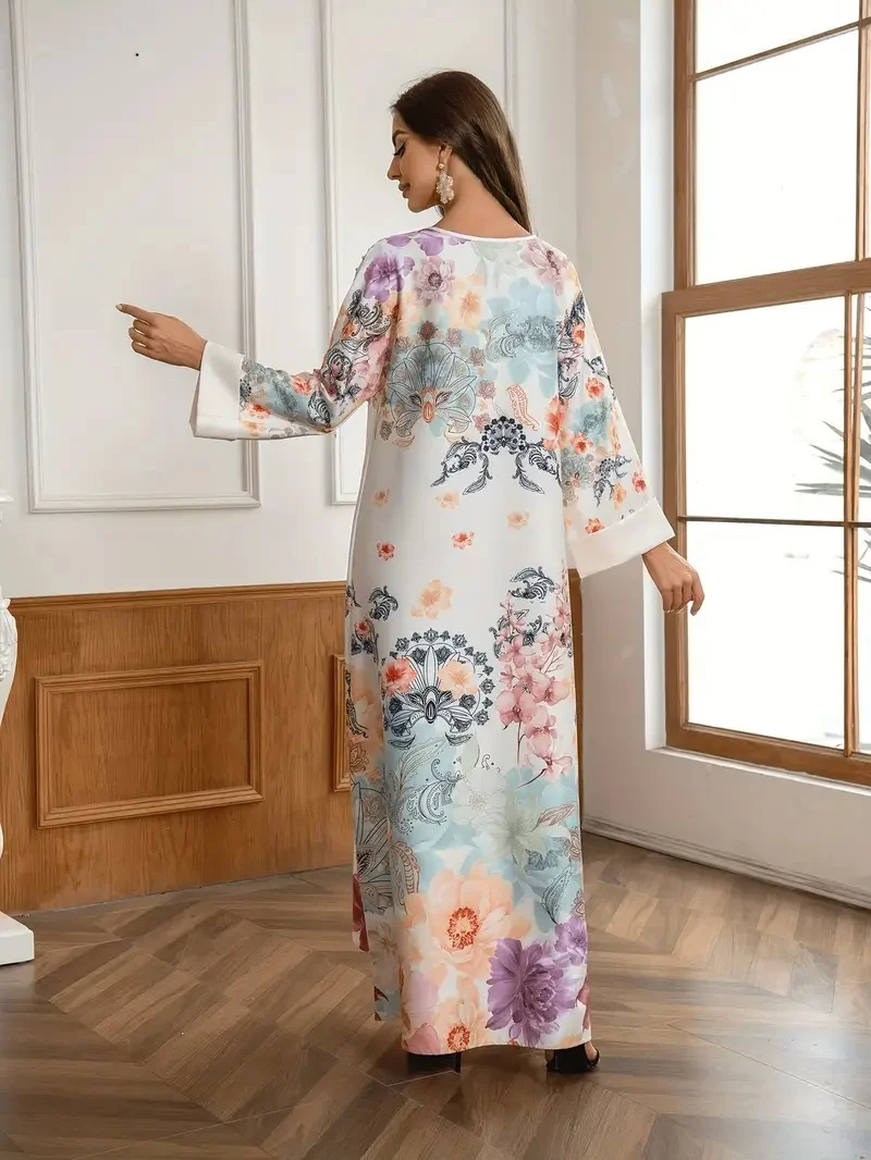 Elegant Floral Print Long Kaftan Dress - Image 5