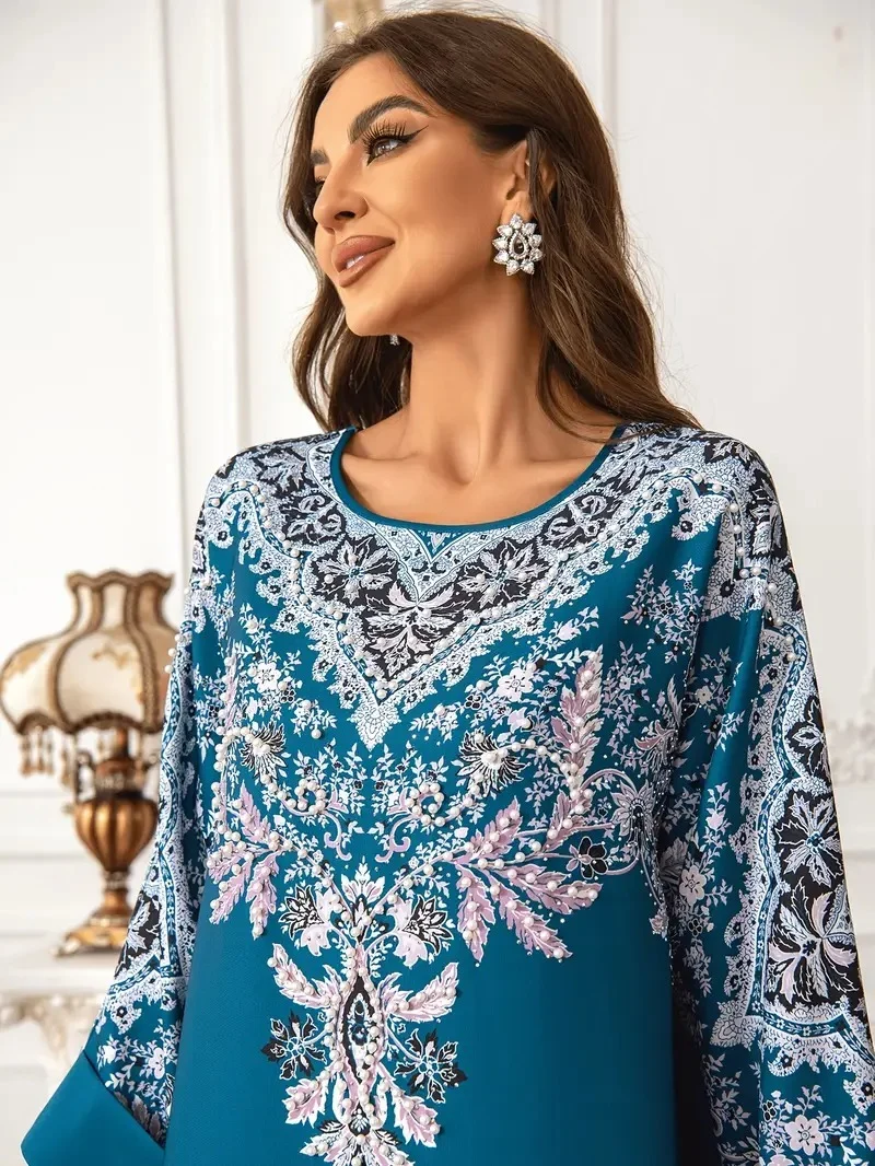 Printed Long Kaftan Dress - Long Sleeved, Round Neck With Bead Embellishment - Image 5